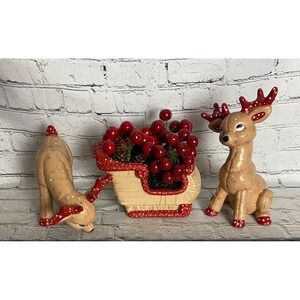 VTG Kimple Reindeer (2) Sleigh Ceramic Christmas Mold Holly & Polka Dots 80's